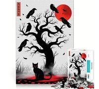 Jigsaws for Adults1000 Pieces Black Cat And Crows Under Red Moon Clean Fit Decor Thinking Fun Game Cozy Time Play Birthday Hobby Gift (38x26cm)