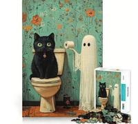 Jigsaws for Adults1000 Pieces Black Cat And Ghost in Toilet Clean Fit Decor Thinking Fun Game Cozy Time Play Birthday Hobby Gift (38x52cm)