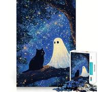 Jigsaws for Adults1000 Pieces Black Cat And Ghost Under Starry Sky Clean Fit Decor Thinking Fun Game Cozy Time Play Birthday Hobby Gift (50x75cm)