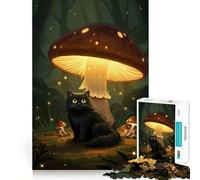 Jigsaws for Adults1000 Pieces Black Cat And Glowing Mushroom Clean Fit Decor Thinking Fun Game Cozy Time Play Birthday Hobby Gift (38x26cm)