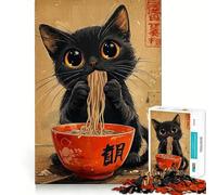 Jigsaws for Adults1000 Pieces Black Cat Eating Ramen Clean Fit Decor Thinking Fun Game Cozy Time Play Birthday Hobby Gift (50x75cm)