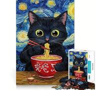 Jigsaws for Adults1000 Pieces Black Cat Eating Ramen Van Gogh Style Clean Fit Decor Thinking Fun Game Cozy Time Play Birthday Hobby Gift (38x52cm)