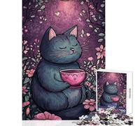 Jigsaws for Adults1000 Pieces Cat with Tea Cup in Garden Educational Games Suitable for Couples Toy Wall Decor Help The Brain Exercise (38X26CM)