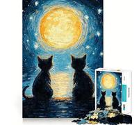 Jigsaws for Adults1000 Pieces Cats Moon Starry Night Flawless Fit Art Mental Skill Game Rest Time Play Birthday Art Play (38x26cm)