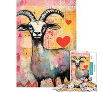 Jigsaws for Adults1000 Pieces Goat with Hearts Valentines Day Mixed Media Fun at Home Activities, Pattern Assembly Hands-on Game for And 14 Years And over (38X26CM)