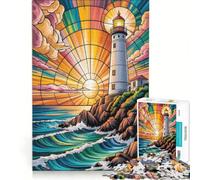 Jigsaws for Adults1000 Pieces Stained Glass Meditation Serenity by A Glowing Lighthouse at Sunset, Fun Games, Decompressing Intellectual, Enhance Love between Couples 38x52cm