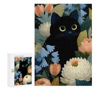 Jigsaws for Adults300 PCS Black Cat Among Flowers Illustration Jigsaw Puzzle Brain Teaser Game Analysis And Logic Deal As Gifts for The Whole Family 300 PCS
