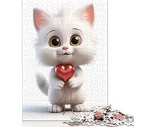 Jigsaws Puzzle for Adults White Cat With Love Heart 500 Piece Jigsaw Puzzles Wood Jigsaw for Age 18 Years Up Challenging Game 500pcs (52x38cm)