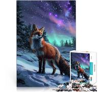 Jigsaws Puzzles 1000 Piece For Adults teenagers Red Fox Northern Lights Made of cardboard Suitable for ages 14 and up Family Games deal as gifts for the whole family 。size：38x52cm/14.96x20.47inch
