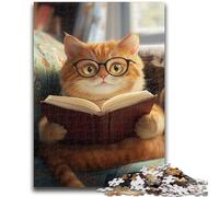 Jigsaws Puzzles 1000 Pieces for Adults Gifts Cat Reading A Book Family Fun with Matching Poster And Trivia Sheet for Age 14+ 26x38cm