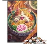Jigsaws Puzzles 1000 Pieces for Adults Gifts Kitten Eating Noodles, Family Game Stress Reliever Difficult Challenge A Work of Art for Ages 14+ (Size 50x75cm)