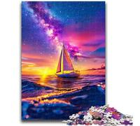 Jigsaws Puzzles 1000 Pieces for Adults Gifts Sailboat on The Sea Under The Galaxy Family Fun with Matching Poster And Trivia Sheet for Age 14+ 26x38cm
