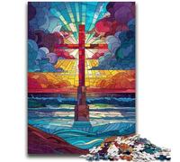 Jigsaws Puzzles 1000 Pieces for Adults Gifts Stained Glass Cross for Age 14 Years And over Decompressing Intellectual Educational Toy Great Gift 26x38cm