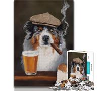 Jigsaws Puzzles 1000 Pieces for Teenagers Gifts Australian Shepherd Dog Smoking,Stress Reliever Difficult Challenge Is Ideal As Gifts for The Whole Family 75x50cm