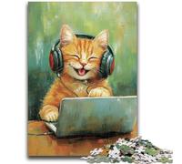 Jigsaws Puzzles 1000 Pieces for Teenagers Gifts Cat Listening to Music Stress Reliever Difficult Challenge Is Ideal As Gifts for The Whole Family 38x26cm