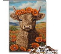 Jigsaws Puzzles 1000 Pieces for Teenagers Gifts Highland Cow with Orange Flowers, Challenging Difficult with Fully Interlocking Randomly Shaped Pieces (Size 50x75cm)