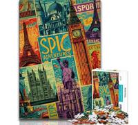 Jigsaws Puzzles 1000 Pieces for Teenagers Gifts Paris Stamp Collage,Toys Educational Games Stress Relieving Unique Home Decor And Gifts (38x26cm)