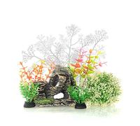 JIH Aquarium Fish Tank White Plastic Plants and Cave Rock Decorations Decor Set 7 Pieces, Small and Large Artificial Fish Tank Plants (CU89White-7)
