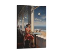 JIHJOO A Day at The Sea in The Style of Edward Hopperwall Art Canvas Aesthetic Music And Movie Decoration Living Room Bedroom 16x24inch(40x60cm) Frame-style