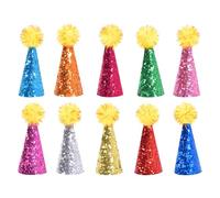 JIHUOO 10 Pcs Mini Miniature Party Hats Colorful Small Party Hat Rabbit Happy Birthday Cone Hat Cat Dog Adjustable Holiday Hats with Pom Poms Pet Costume Accessories for Stuffed Animals
