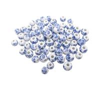 JIHUOO 100 Pcs 10mm Flower Porcelain Beads Floral Ceramic Beads Chinese Round Beads Polished Smooth Beads Loose Spacer Beads with Hole for Jewelry Making Blue