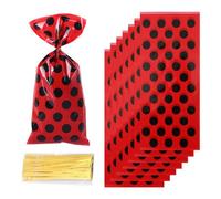 JIHUOO 100 Pcs Ladybug Party Bags Cellophane Treat Bags Plastic Candy Bags Printed Goodie Bags Birthday Cookie Bags Bakery Party Favor Bags with 100 Pcs Twist Ties