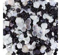JIHUOO 100g Large 3D Flatback Flower Charms Flat Back Resin Bow Bead Heart Shaped Pearl Charm Cute Butterfly Charms Rose Flowers Beads Half Round Pearl Beads Scrapbooking Embellishments Black White