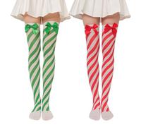 JIHUOO 2 Pairs Peppermint Candy Cane Socks Christmas Striped Stockings Xmas Thigh High Socks Holiday Over The Knee Socks Red and Green