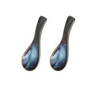JIHUOO 2 Pcs Ceramic Chinese Soup Spoons Blue Japanese Ramen Spoons Asian Wonton Spoons Cereal Noodles Spoons Appetizer Rice Spoons Dinner Spoons for Eating
