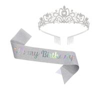 JIHUOO 2 Pcs It's My Birthday Sash and Rhinestone Crown Sparkly Crystal Tiara Headband Birthday Princess Crown and Sash Birthday Queen Tiara Headpieces Sparkling Birthday Headwear Accessories Silver