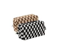 JIHUOO 2 Pcs Large Capacity Makeup Bags Checkered Cosmetic Bag Pouch Makeup Brushes Storage Bag Travel Toiletry Bag Organizer Pencil Case for Women Girls Black and Brown