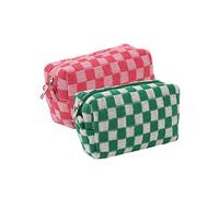 JIHUOO 2 Pcs Large Capacity Makeup Bags Checkered Cosmetic Bag Pouch Makeup Brushes Storage Bag Travel Toiletry Bag Organizer Pencil Case for Women Girls Green and Pink