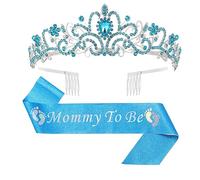 JIHUOO 2 Pcs Mommy to Be Crown Sash Glitter Lettering Sash Crystal Rhinestone Tiara Crown Special Event Crown Sash Baby Shower Decorations Blue