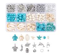 JIHUOO 292 Pcs Synthetic Turquoise Sea Turtle Beads Stone Starfish Beads Sea Shell Craft Bead Sea Star Charms Seashell Bead Charm Metal Ocean Animal Charms Summer Spacer Charm with Jump Rings and Box