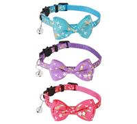 JIHUOO 3 Pcs Moon Star Cat Collars Kitten Bowtie Collar Small Dog Vow Ties with Bell Quick Release Safety Collars for Kitten Cats Hot Pink Purple Blue