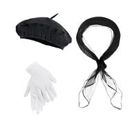 JIHUOO 3 Pcs Women's 1950s Mime Costume Set French Beret Hat Chiffon Scarf and White Gloves Ladies 50s Costume Accessories Fancy Dress Up for Cosplay Carnival Black