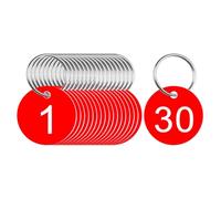 JIHUOO 30 Pcs 1-30 Plastic ID Number Tags Numbered Keychain Tags Round Number Key Rings Key Chain Number Tags Locker Name Tags Round Hole Hang Tags with Key Rings Red