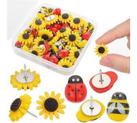 JIHUOO 30 Pcs Bee Push Tacks Sunflower Push Pins Ladybug Thumb Tacks Cute Flower Pushpins Cork Board Thumbtacks Whiteboard Push Pins with Storage Box School Office Supplies