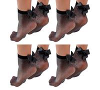 JIHUOO 4 Pairs Glitter Sheer Ankle Socks with Bow Black Sparkly Dress Socks Metallic Shimmer Sock Short Crew Sock for Women
