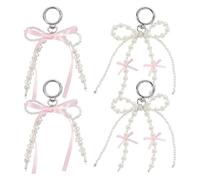 JIHUOO 4 Pcs Cute Pearl Bow Keychains Bowknot Beaded Keyring Charms Aesthetic Pink Bag Charms Decorative Handbag Purse Charm Car Key Chain Accessories for Women