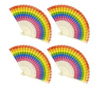 JIHUOO 4 Pcs Rainbow Folding Hand Fan Pride Hand Held Fan Colorful Handheld Fans Small Foldable Chinese Fans Wood Fabric Dancing Fan Music Festival Hand Fans for Performance Wedding Party
