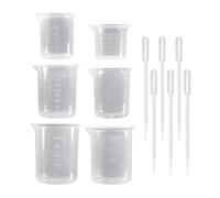 JIHUOO 6 Pcs Plastic Graduated Beaker Set 6 Sizes Transparent Lab Measuring Cups Polypropylene Laboratory Beakers Science Experiment Measure Cups Epoxy Resin Mixing Cups with 6 Pcs Droppers