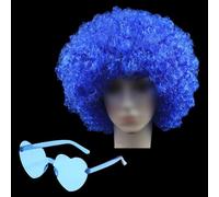 JIHUOO Blue Curly Afro Wigs and Sunglass Party Crazy Clown Wig Adults Fancy Dress Wigs Cosplay Costume Wig Hairpieces Neon Party Accessories