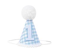 JIHUOO Blue Gingham 1st Birthday Hat Boy First Birthday Party Hat Pom Pom Party Hat Birthday Cone Cap Baby Birthday Costume Headwear Birthday Photo Headpiece