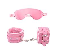 JIHUOO PU Leather Blindfold Sleep Eye Mask and Plush Handcuffs Adjustable Ankle Cuffs Soft Wrist Bracelets for Couples Pink