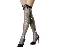 JIHUOO Rhinestone Fishnet Stockings with Bows Sparkly Thigh High Socks Knee High Glitter Socks Fish Net Knee Highs Sexy Mesh Hold up Stockings Diamond Fishnet Tights for Women Black