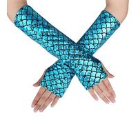 JIHUOO Shiny Mermaid Scale Gloves Fish Scale Arm Sleeves Rave Party Gloves Hologram Fingerless Gloves Halloween Cosplay Costume Accessories Blue