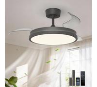 JIINOO Ceiling Fans with Lights and Remote, Retractable Blades, 106cm Black | Modern LED Fandelier with Quiet Reversible DC Motor, 6 Speeds, Dimmable Lamp, Timer and Night Mode for Living Room & Bedroom