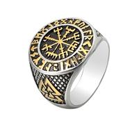 JIiopCFegh diamond ring， Norse Valknut Rune Amulet Vegvísir 8-Pointed Star Stainless Steel(Two Tone,W)