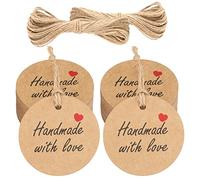 jijAcraft 100PCS Handmade with Love Gift Tags: 5CM Kraft Paper Brown Labels with 20M Jute Twine for Crafts Valentines Gift Wedding Favour